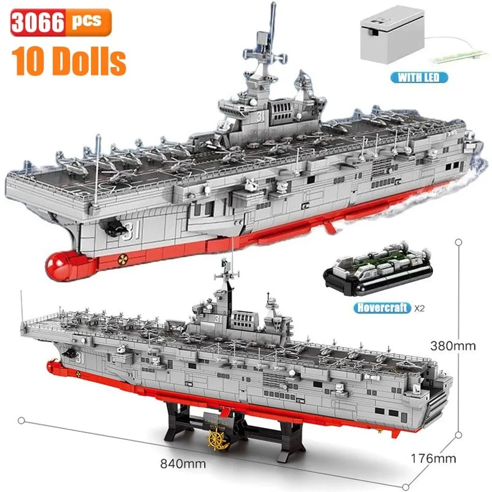 MOC NON  Airaft Carrier With LED Building Blocks Soldier Battleship Brick Weapon Warship Toys Waraft Ship Boat