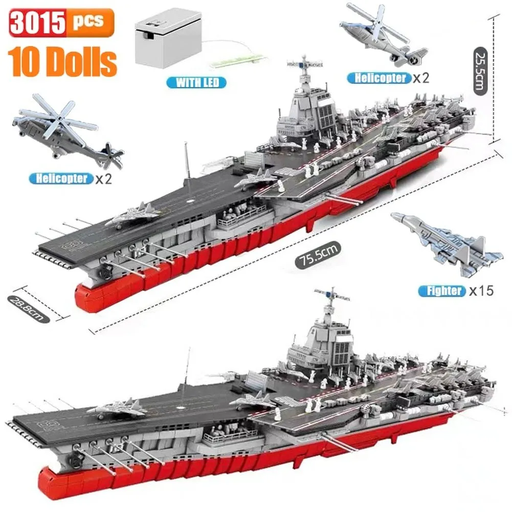 MOC NON  Airaft Carrier With LED Building Blocks Soldier Battleship Brick Weapon Warship Toys Waraft Ship Boat