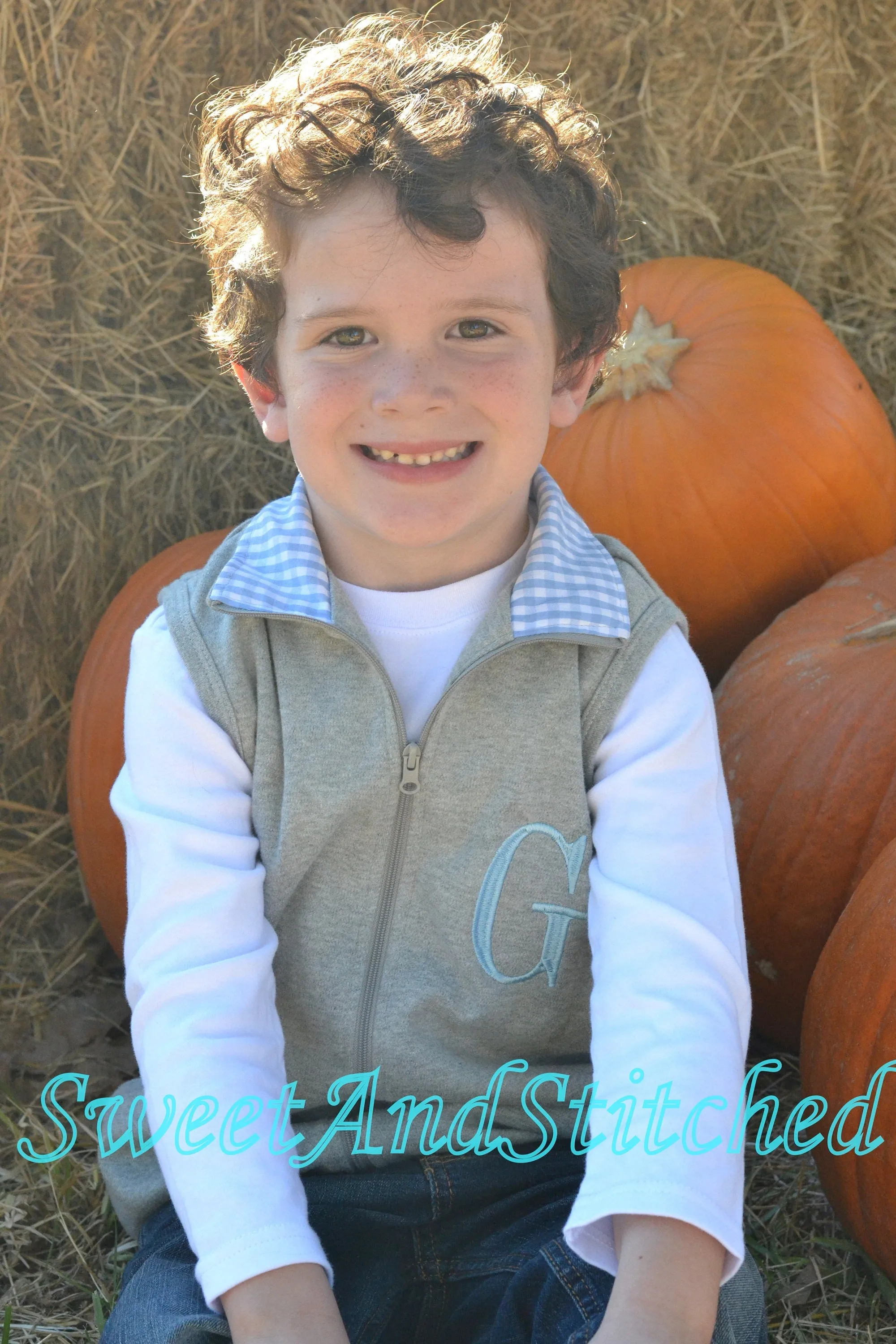 Monogrammed Boys blue and gray gingham vest, boys fall outfit