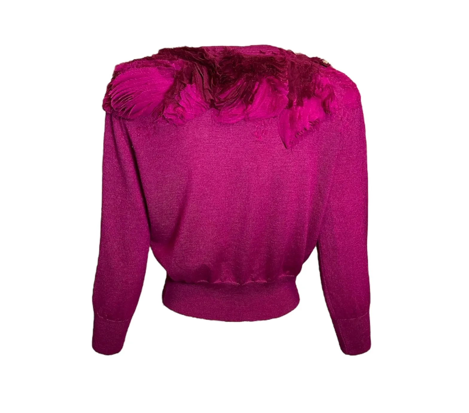 Oscar De La Renta Magenta Cashmere Sweater w/Abstract Ruffle Collar