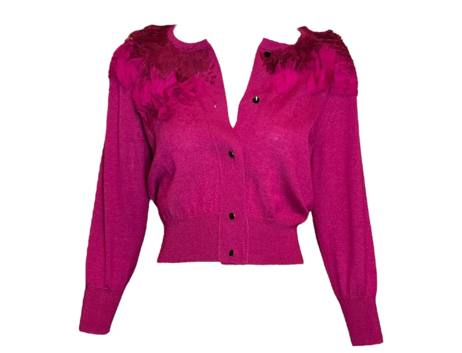 Oscar De La Renta Magenta Cashmere Sweater w/Abstract Ruffle Collar