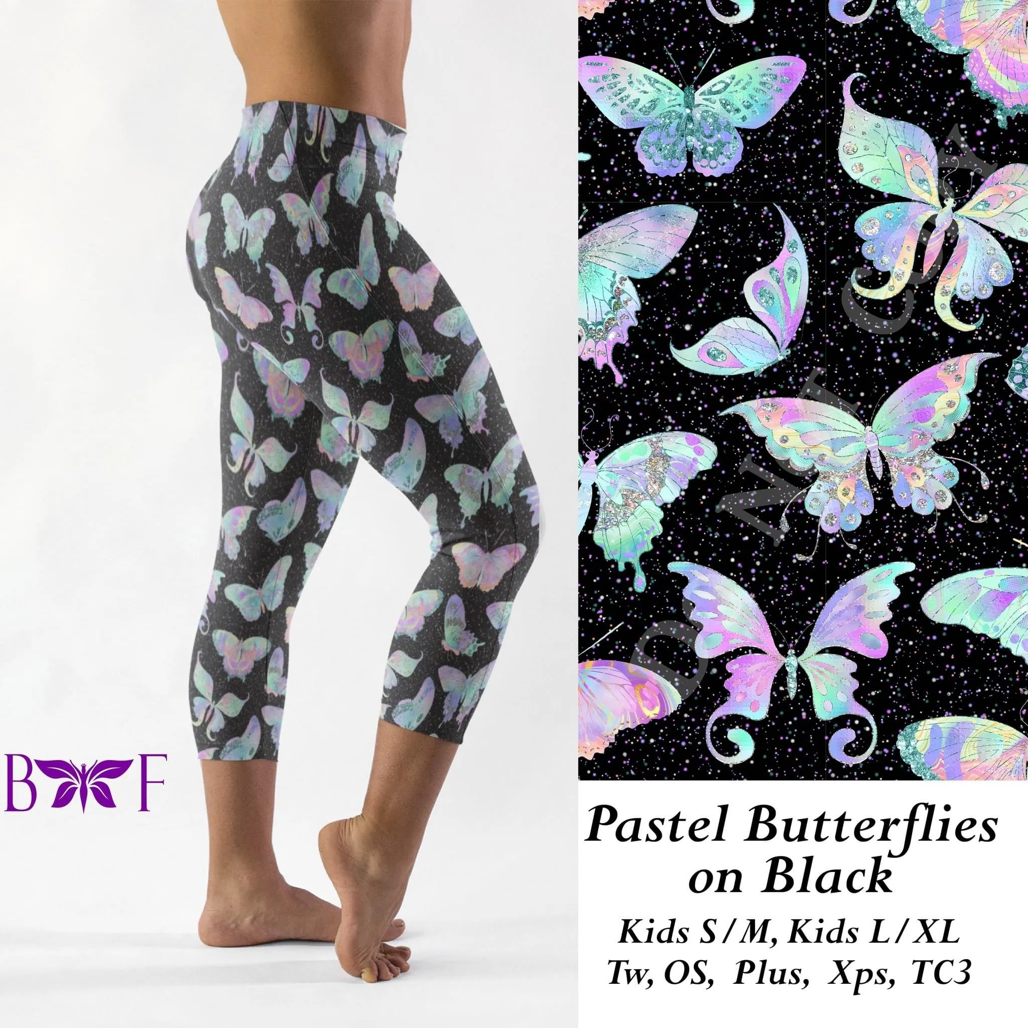 Pastel Butterflies on Black- Leggings and Loungers with pockets