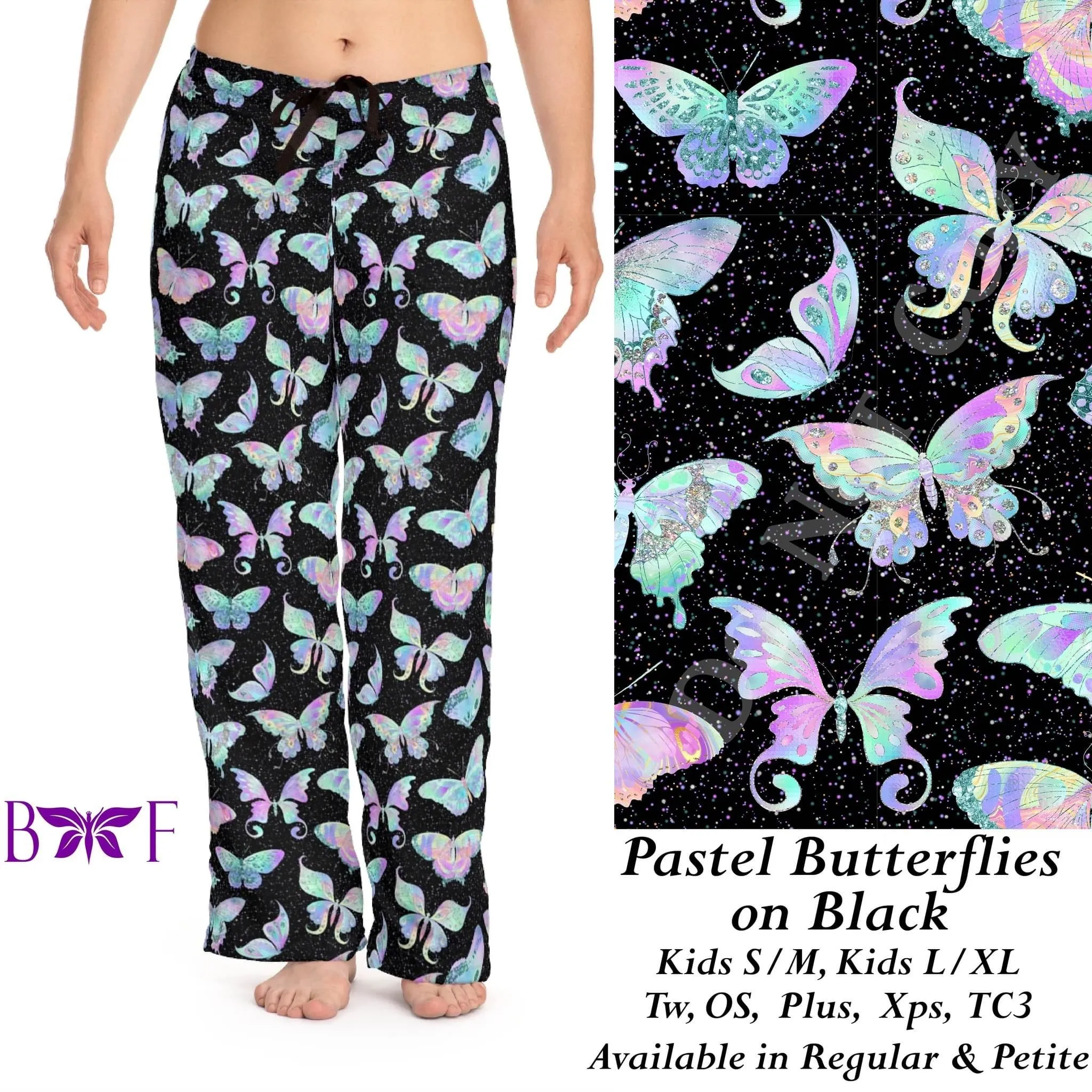 Pastel Butterflies on Black- Leggings and Loungers with pockets