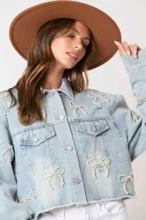 Pearl Bow Washed Denim Cropped Jacket