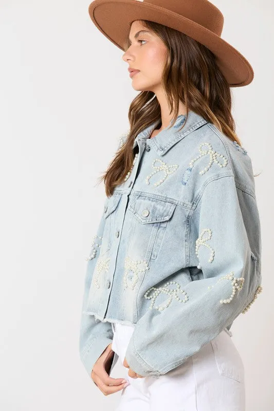 Pearl Bow Washed Denim Cropped Jacket