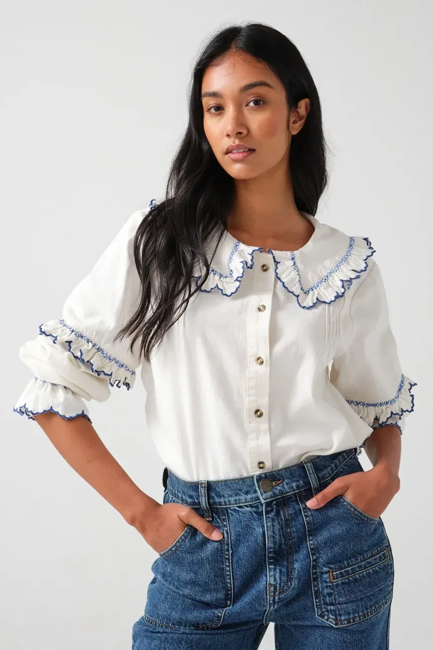 Phoebe Blouse in Ecru and Electric Blue Embroidery