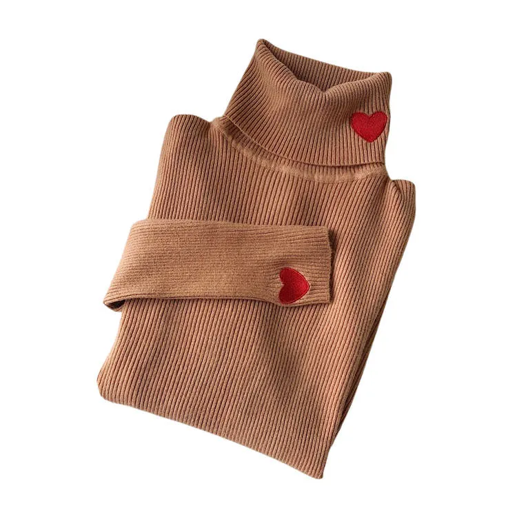 Red Heart Embroidery Turtleneck Jumper