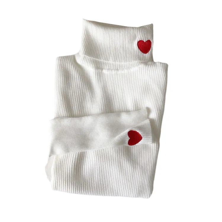 Red Heart Embroidery Turtleneck Jumper