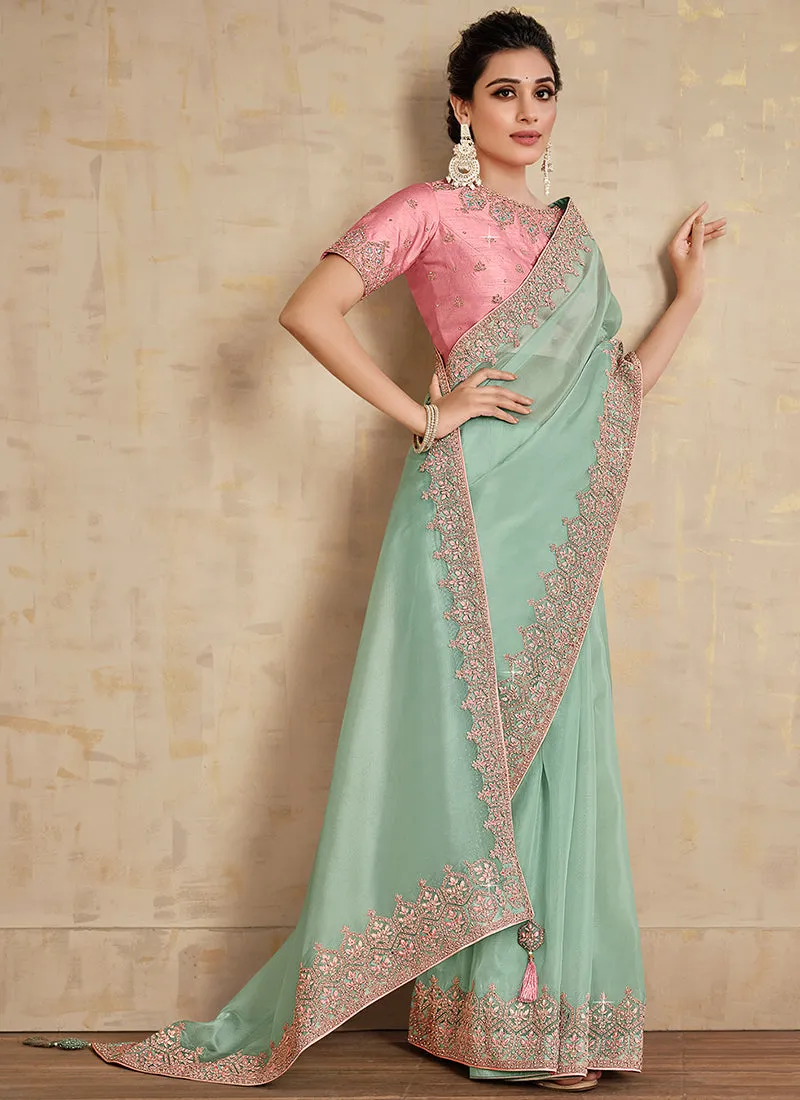 Teal And Pink Embroidered Traditional Wedding Saree