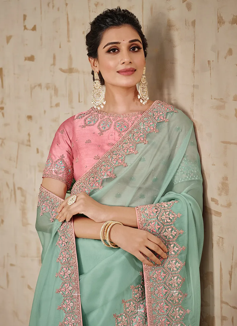 Teal And Pink Embroidered Traditional Wedding Saree