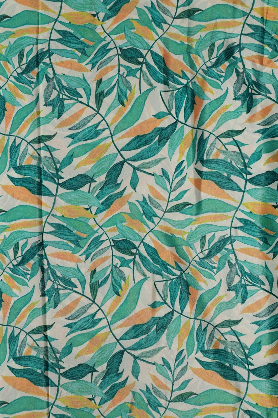 Teal And Yellow Leafy Pattern Digital Print On White Crepe Fabric