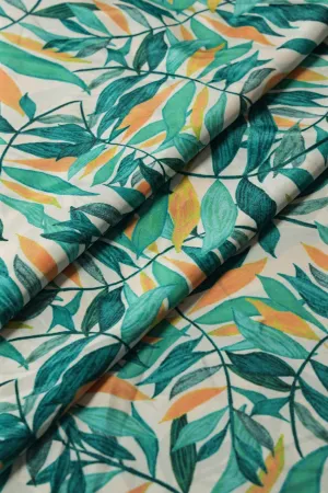 Teal And Yellow Leafy Pattern Digital Print On White Crepe Fabric