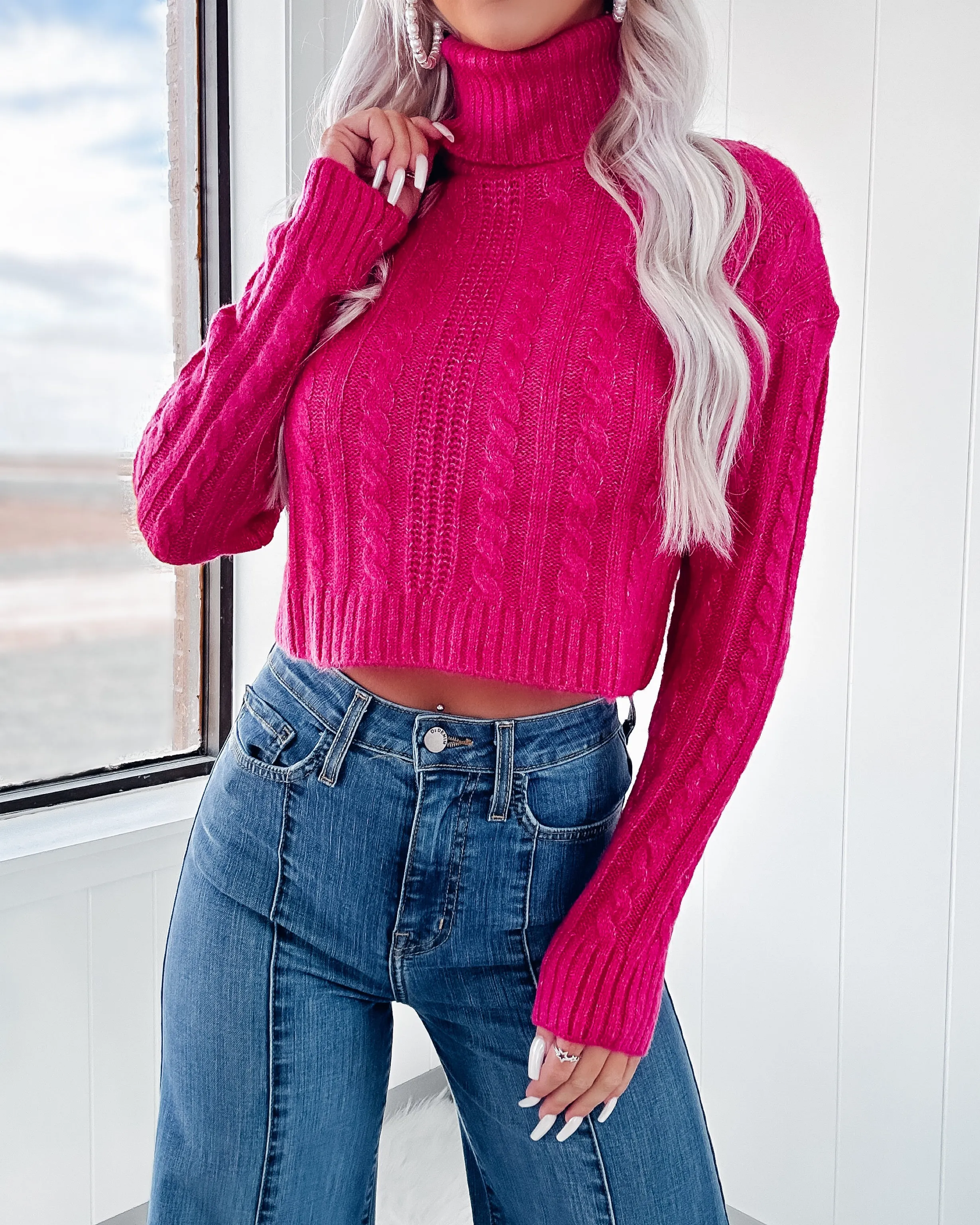 Tell Me More Cable Knit Cropped Sweater - Fuchsia