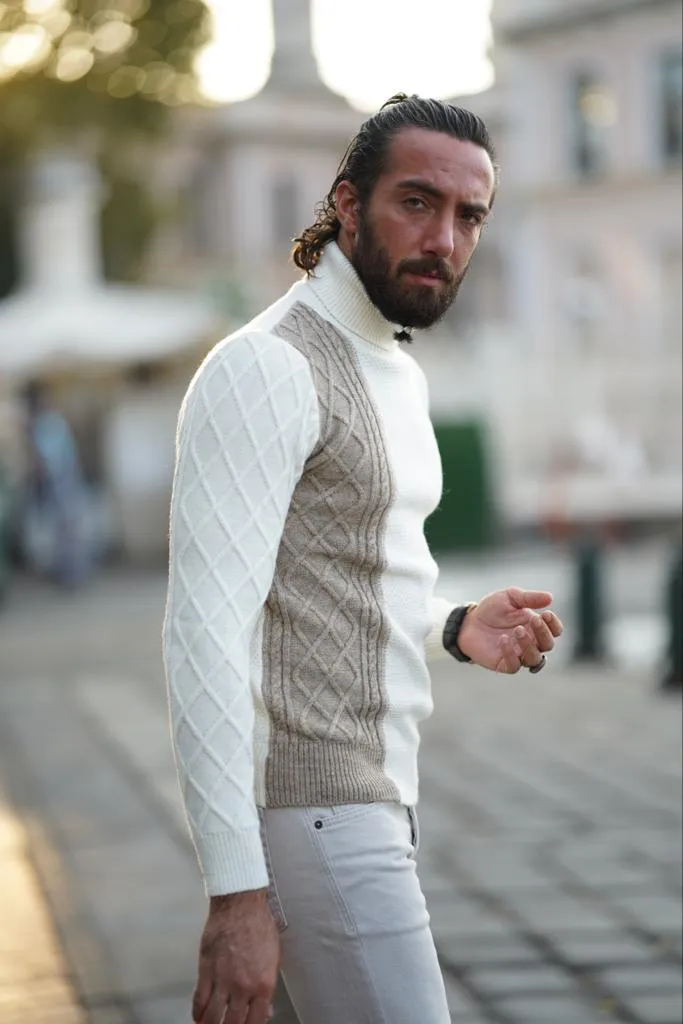 Thread Slim Fit Custom Design White Mixed Colors Turtleneck Sweater