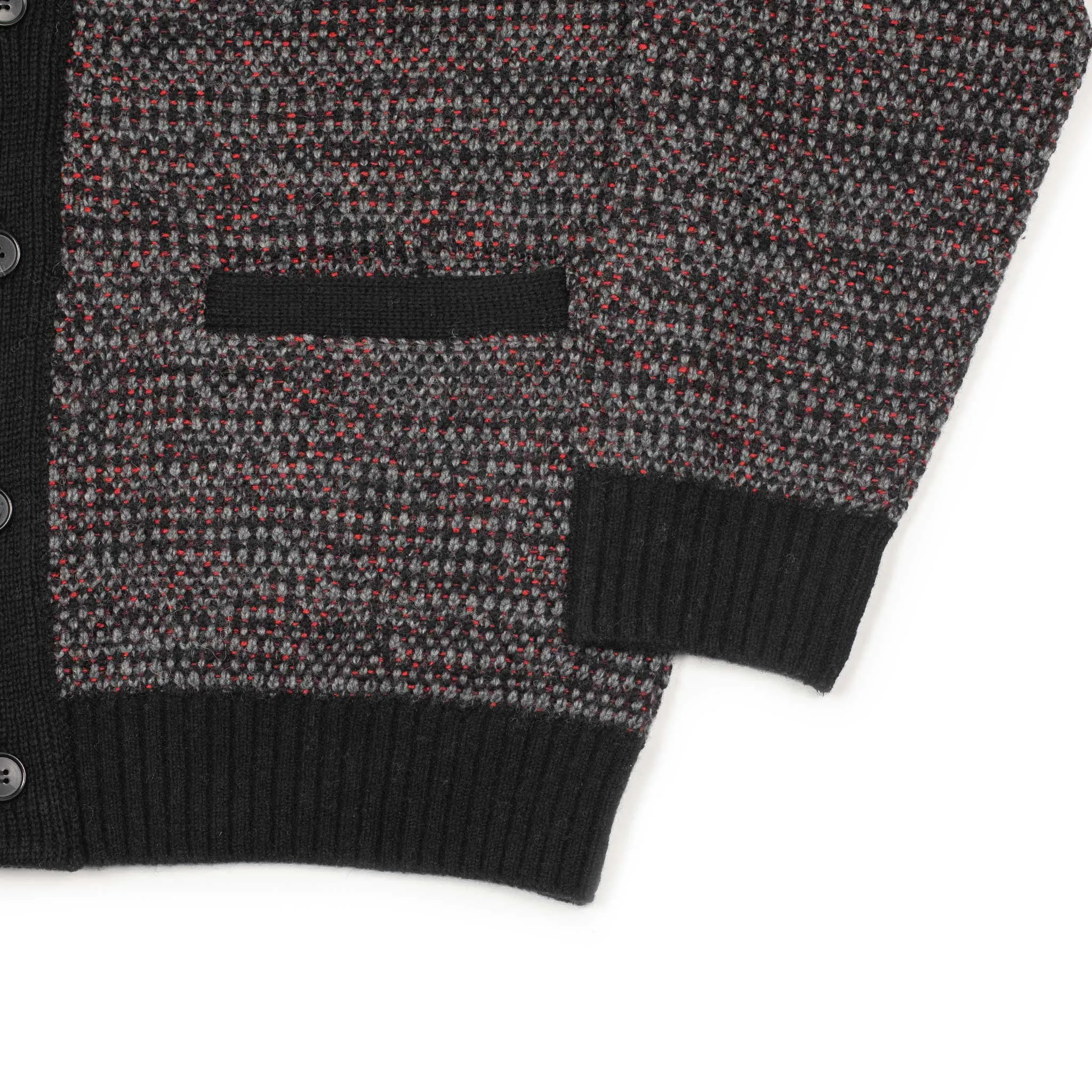 V-neck cardigan in black, grey, and crimson wool mix