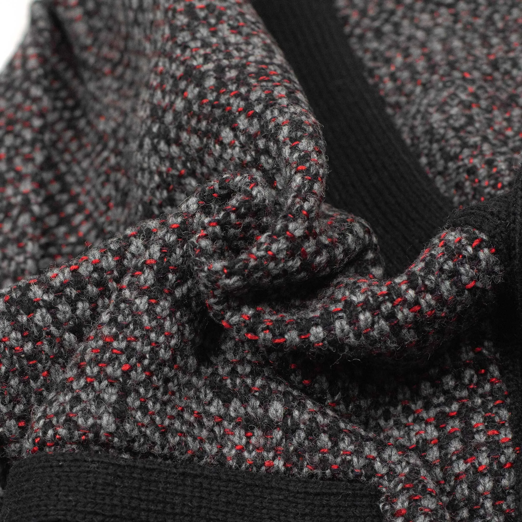 V-neck cardigan in black, grey, and crimson wool mix