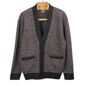 V-neck cardigan in black, grey, and crimson wool mix