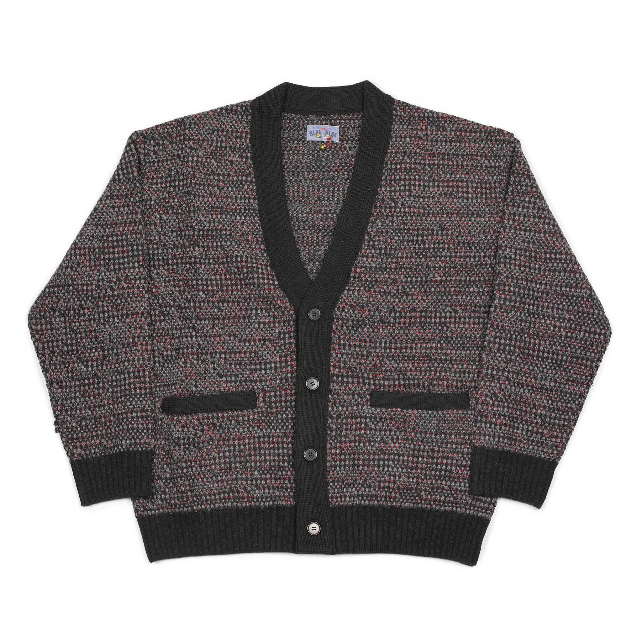 V-neck cardigan in black, grey, and crimson wool mix