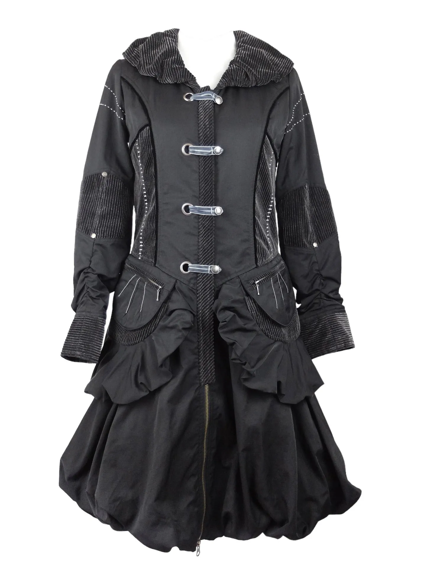 Vintage 2000s Y2K Subversive Gothic Soft Grunge Black Ruffled Fitted Midi Length Peacoat Coat Jacket