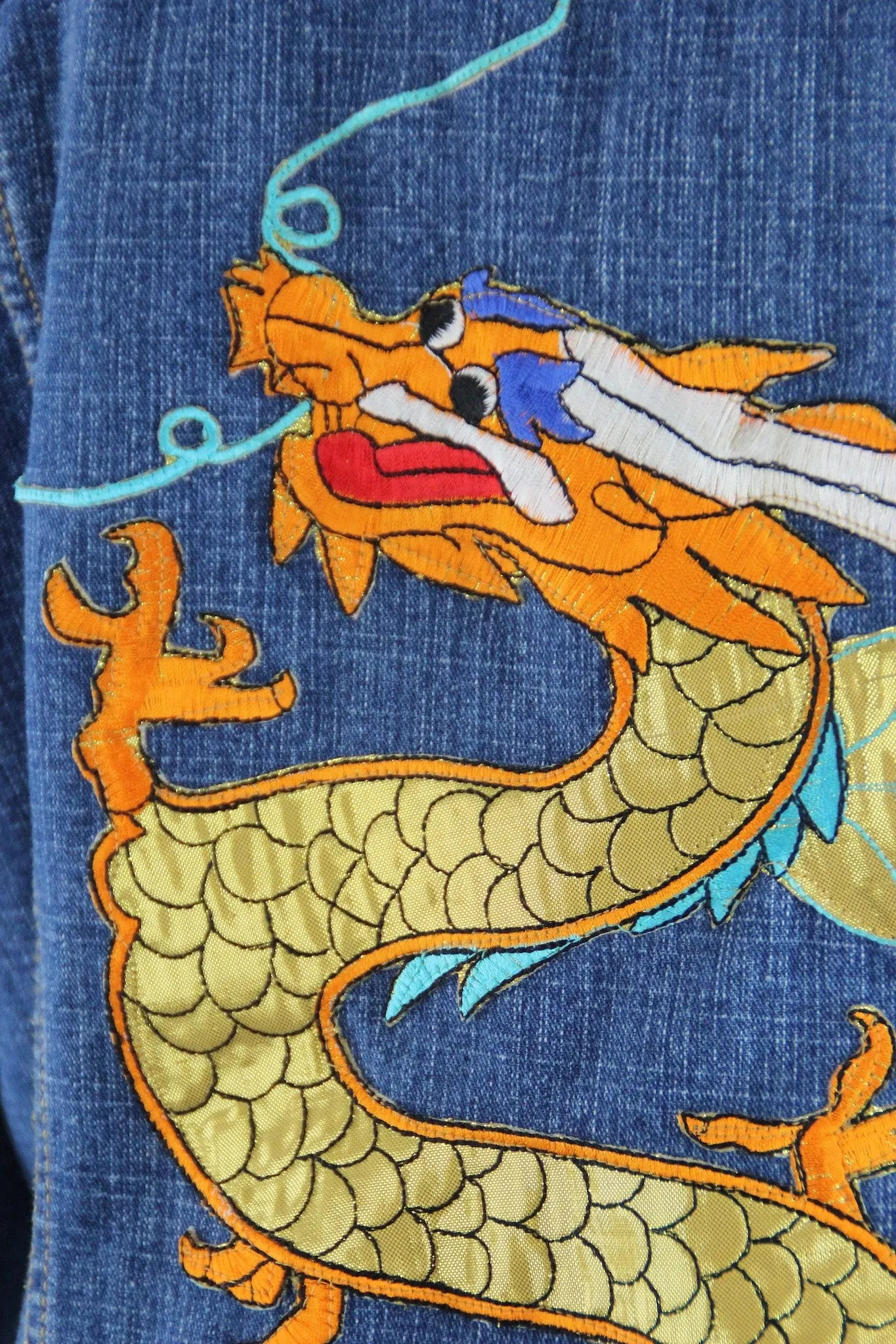 Vintage Style Denim Jean Jacket with Gold DRAGON Embroidery