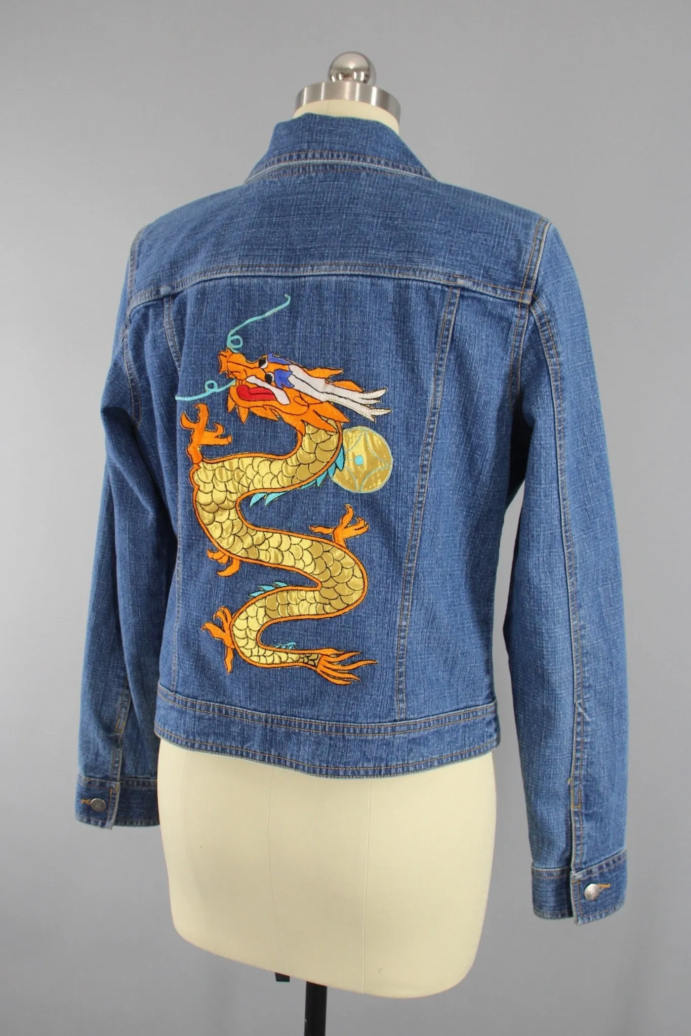 Vintage Style Denim Jean Jacket with Gold DRAGON Embroidery