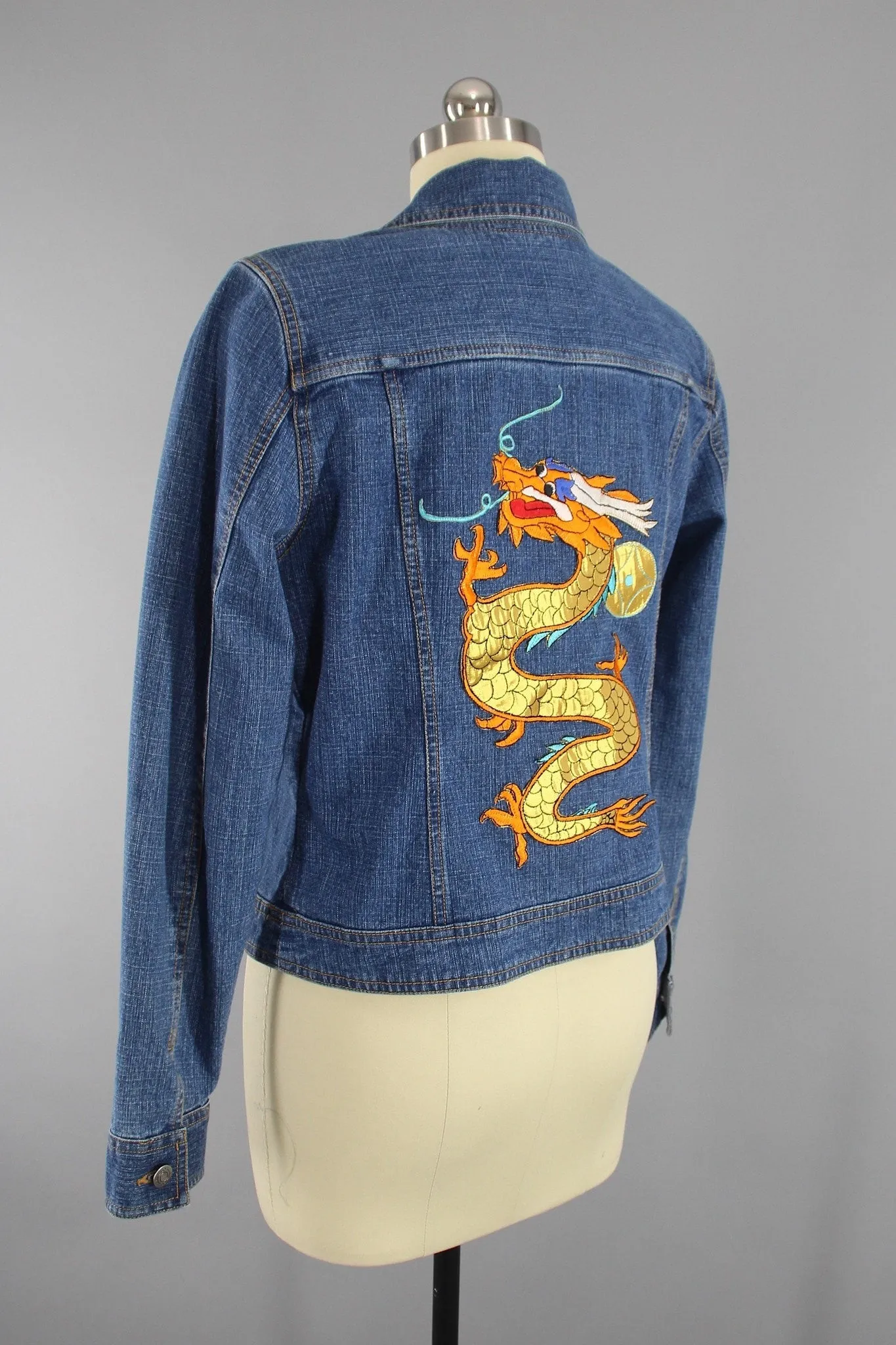 Vintage Style Denim Jean Jacket with Gold DRAGON Embroidery