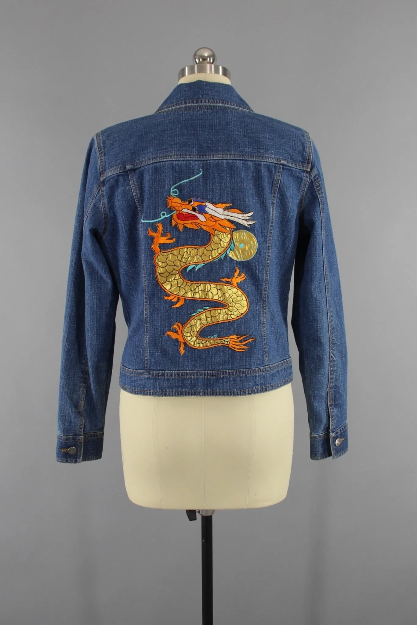 Vintage Style Denim Jean Jacket with Gold DRAGON Embroidery