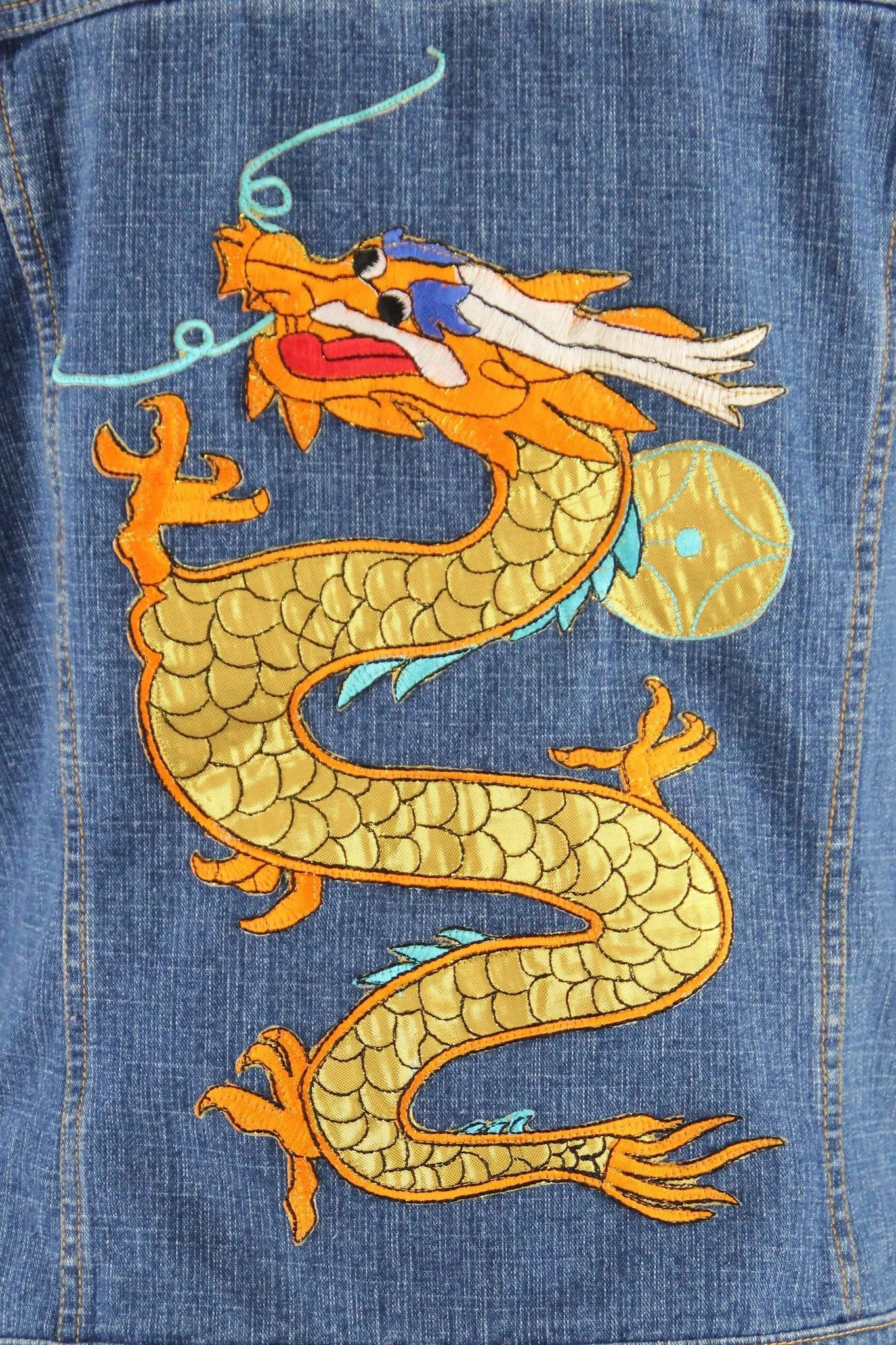 Vintage Style Denim Jean Jacket with Gold DRAGON Embroidery