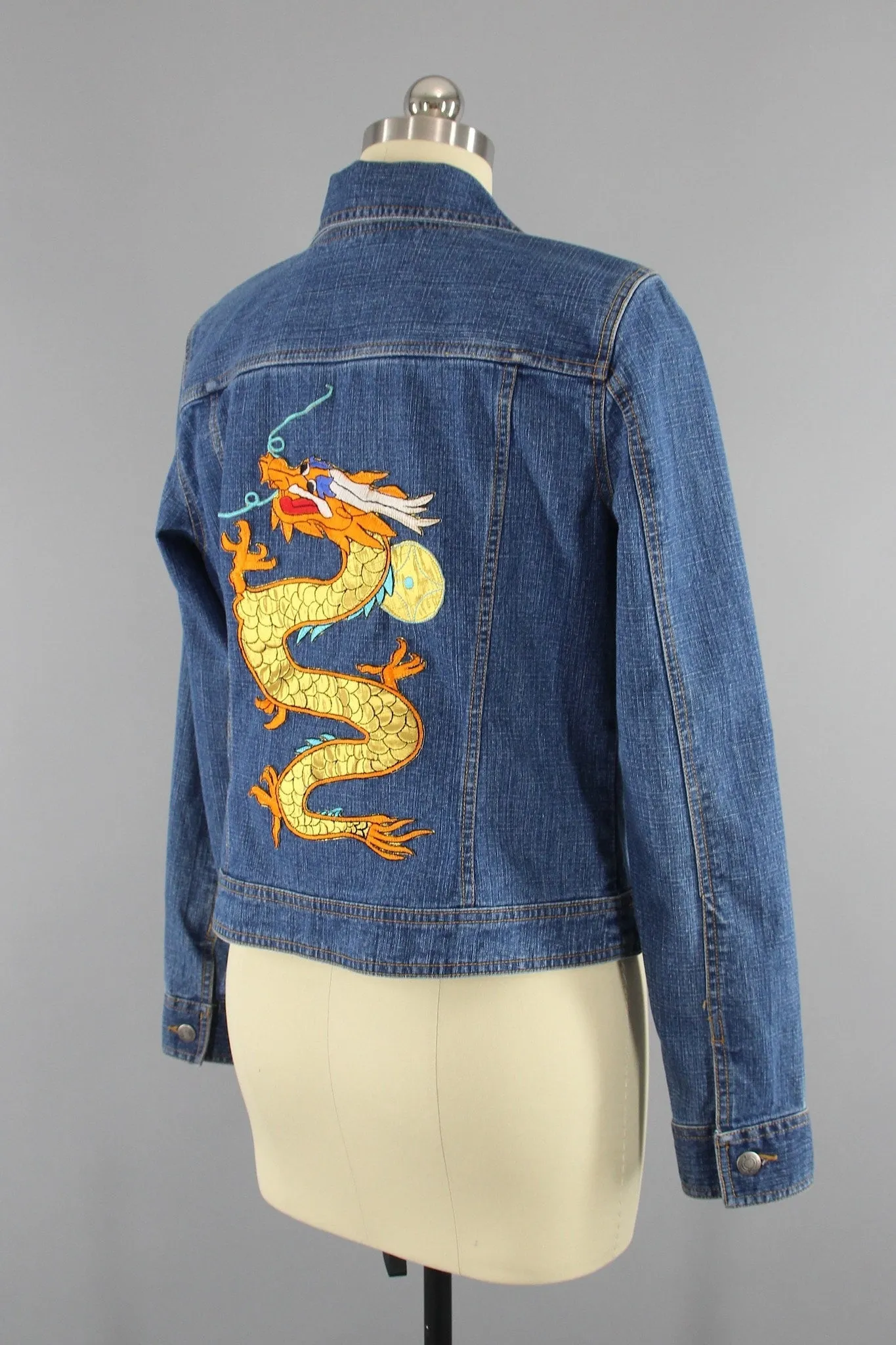 Vintage Style Denim Jean Jacket with Gold DRAGON Embroidery