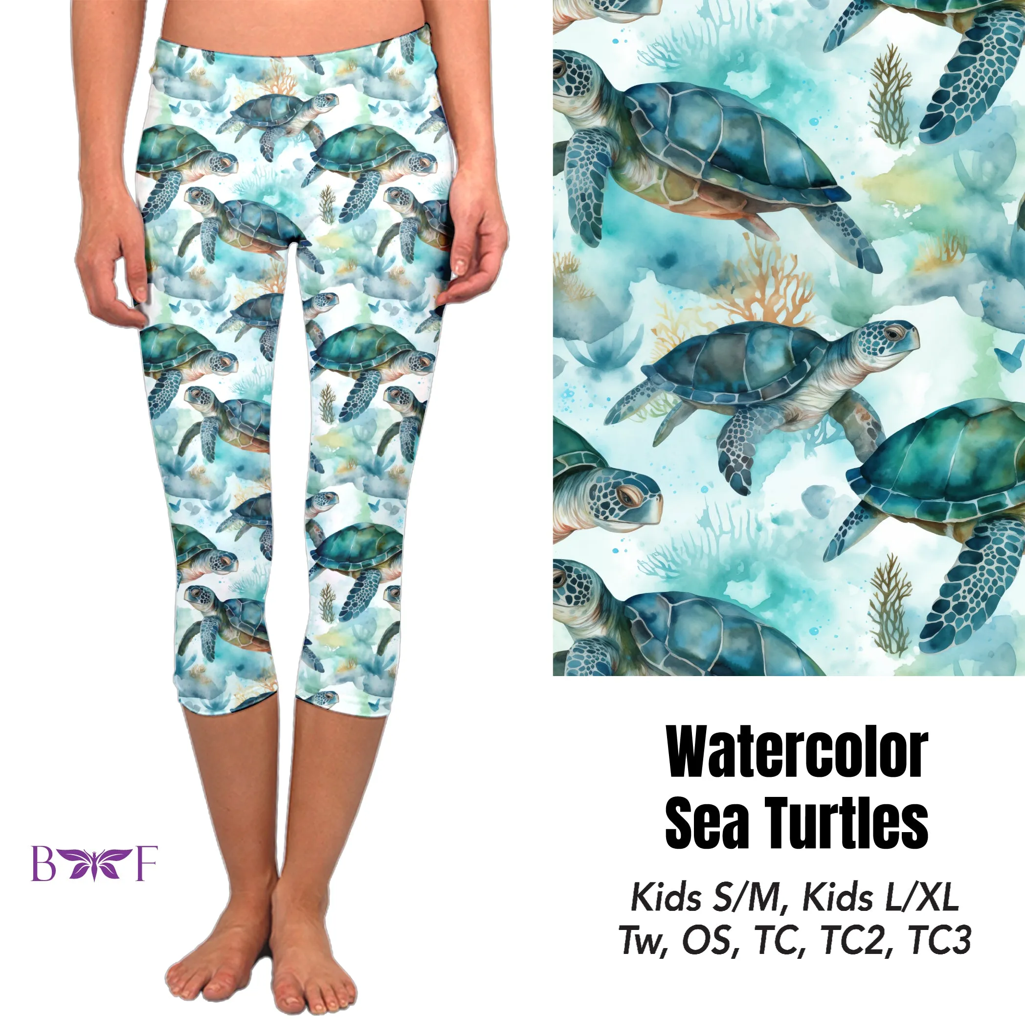 Watercolor sea Turtles 🐢 leggings and capris with pockets