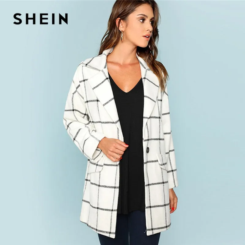 White Single Button Waterfall Grid Coat