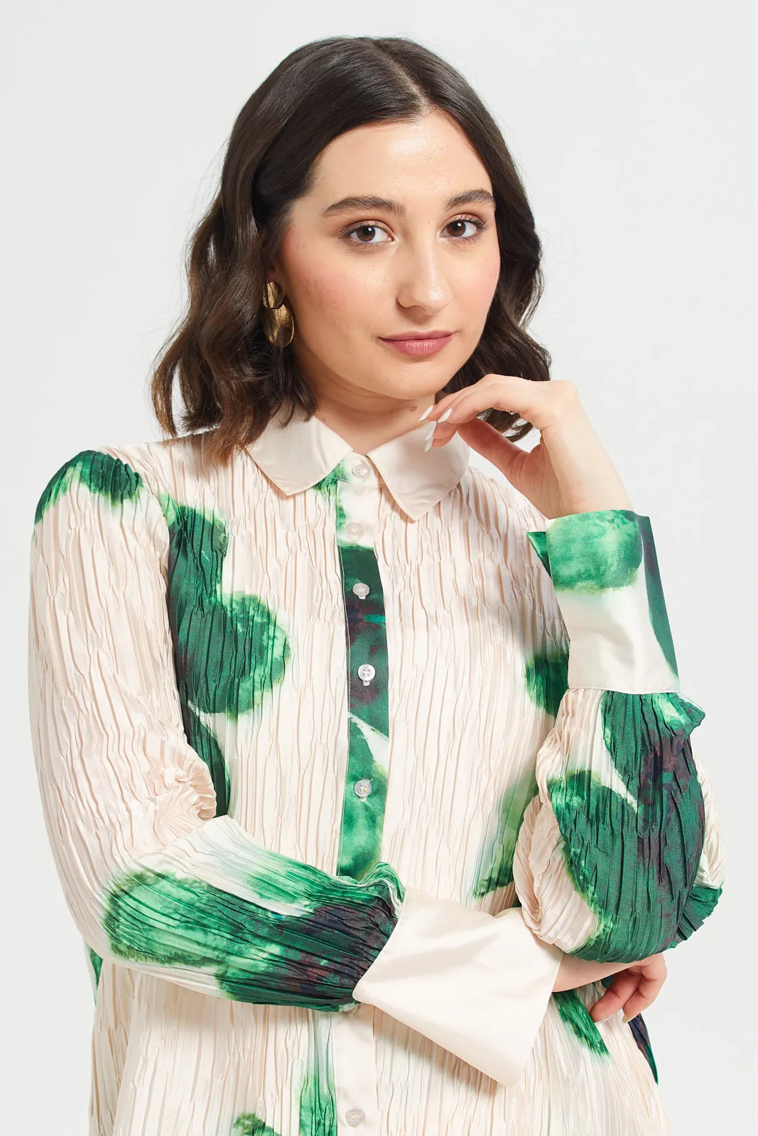 Women Beige And Green Printed Plisse Shirt