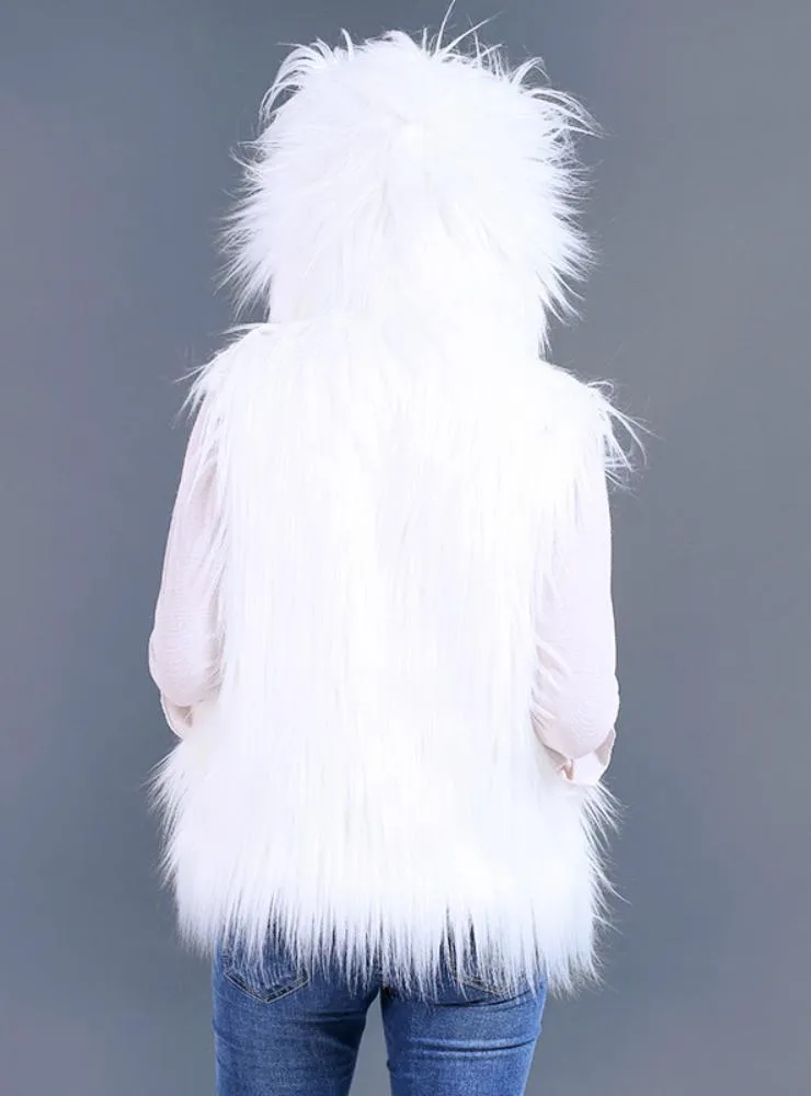 Women Long Hair Faux Fur Coat Belt Led Lamp Hooded Vest