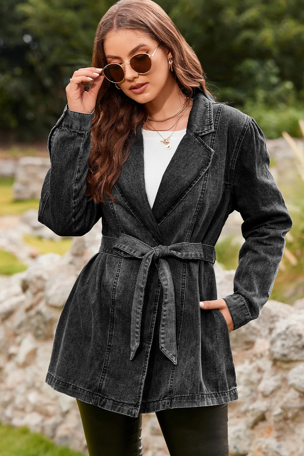 Women's Lapel Collar Pocketed Tie Waist Long Denim Jacket