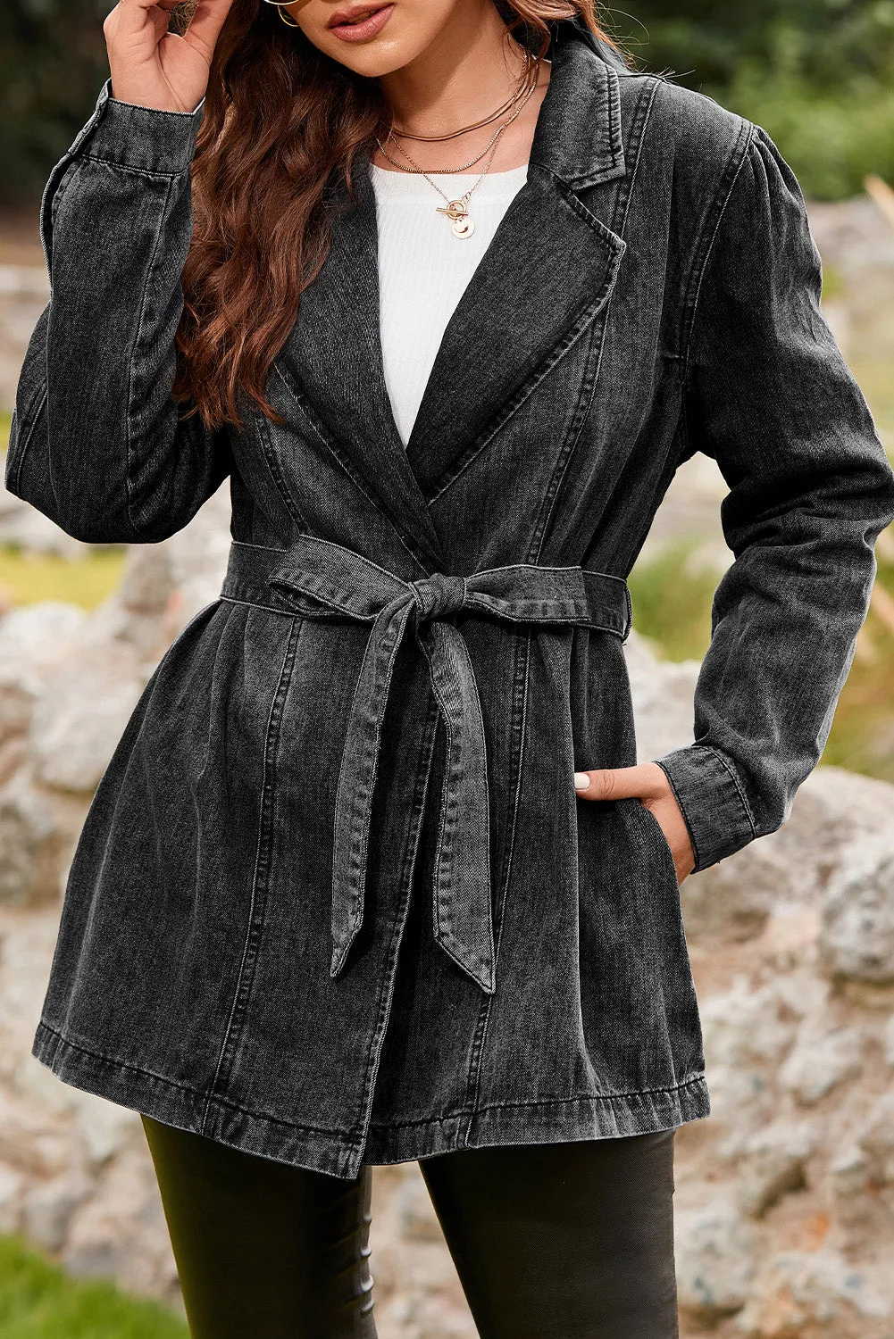 Women's Lapel Collar Pocketed Tie Waist Long Denim Jacket